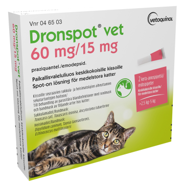 DRONSPOT VET paikallisvaleluliuos 60 mg / 15 mg 2 x 0.70 ml