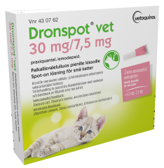 DRONSPOT VET paikallisvaleluliuos 30 mg / 7.5 mg 2 x 0.35 ml